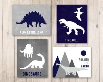Boys Nursery Bedroom Dinosaur Navy Gray Colors, Wall Art Print Dinosaur Art Boys Toddler Set of (4) Unframed Prints or Canvas
