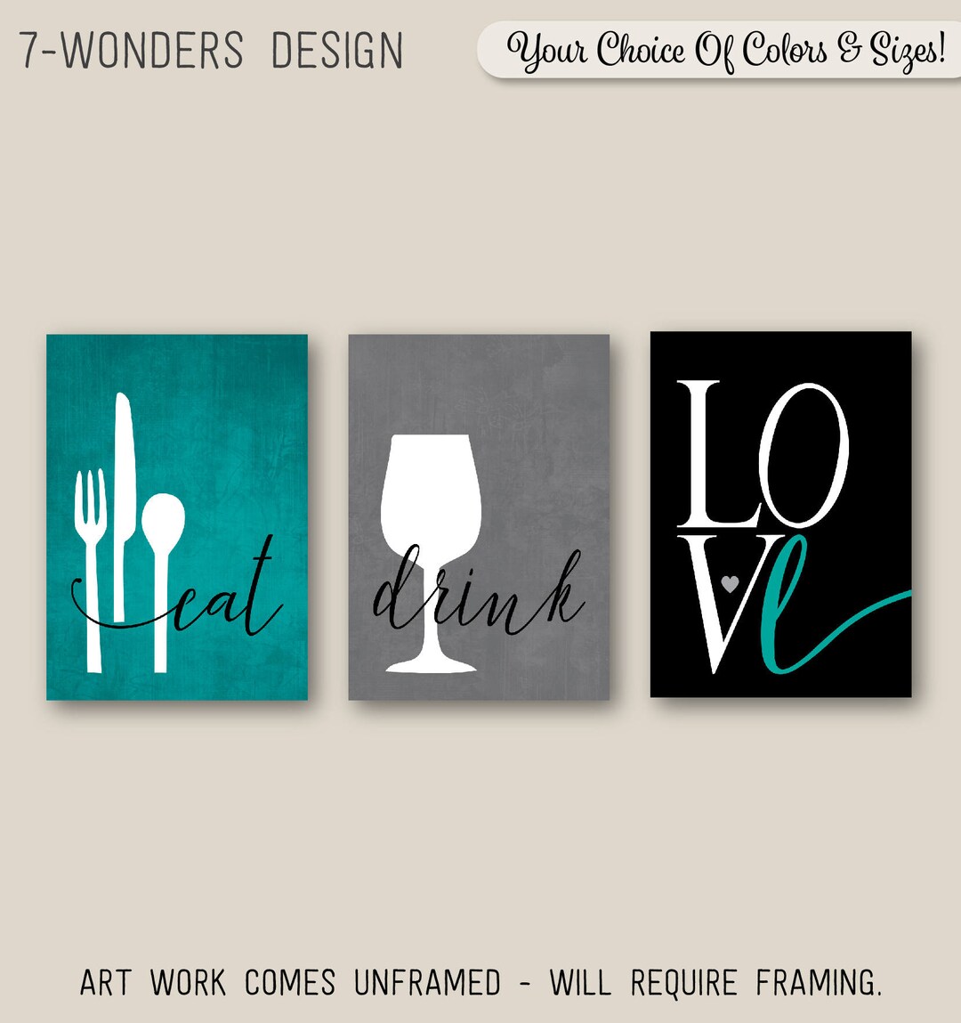 kitchen art personalized prints - utensils, cups,... Kitchen Wall Art Print Set, Eat Drink Love, Utensils Wine // Teal, Grey ...
