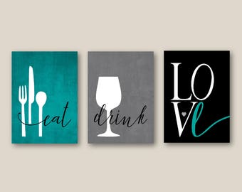 Kitchen Wall Art Print Set, Eat Drink Love, Utensils Wine // Teal, Grey, Black // Modern Decor // Set of (3) UNFRAMED Prints or Canvas