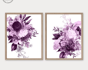 Modern Vintage Plum Blue Flowers Fine Art Prints, Farmhouse Cottage Floral Wall Art Decor, Set or (2) Unframed Paper Prints or Canvas