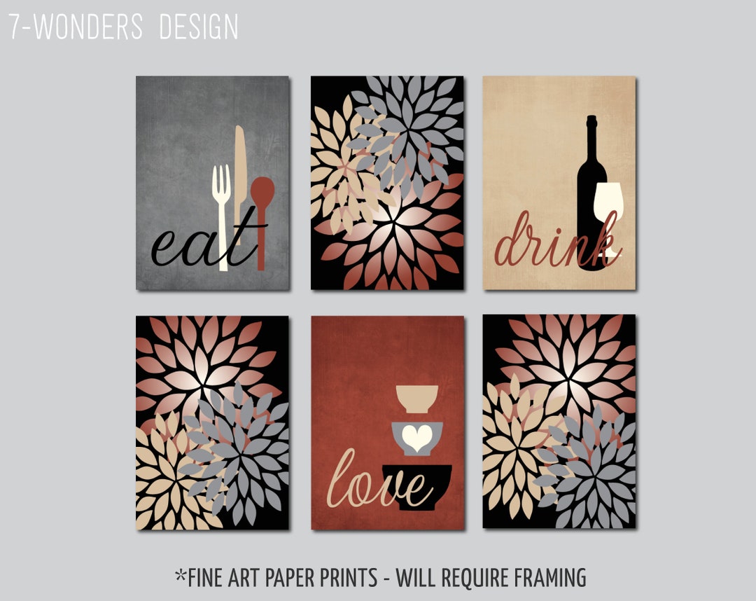 Kitchen Wall Art Prints, Eat Drink Love, Dining Room Rustic Wall Art