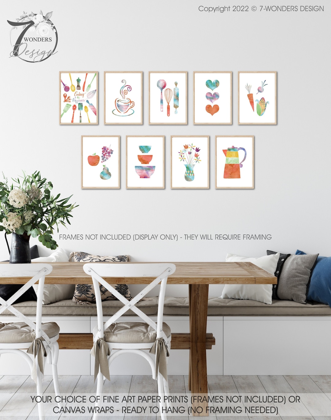 kitchen decor | kitchen prints | kitchen wall art |... Watercolor Colorful Kitchen Wall Art Print Set, Cooking is Happiness ...