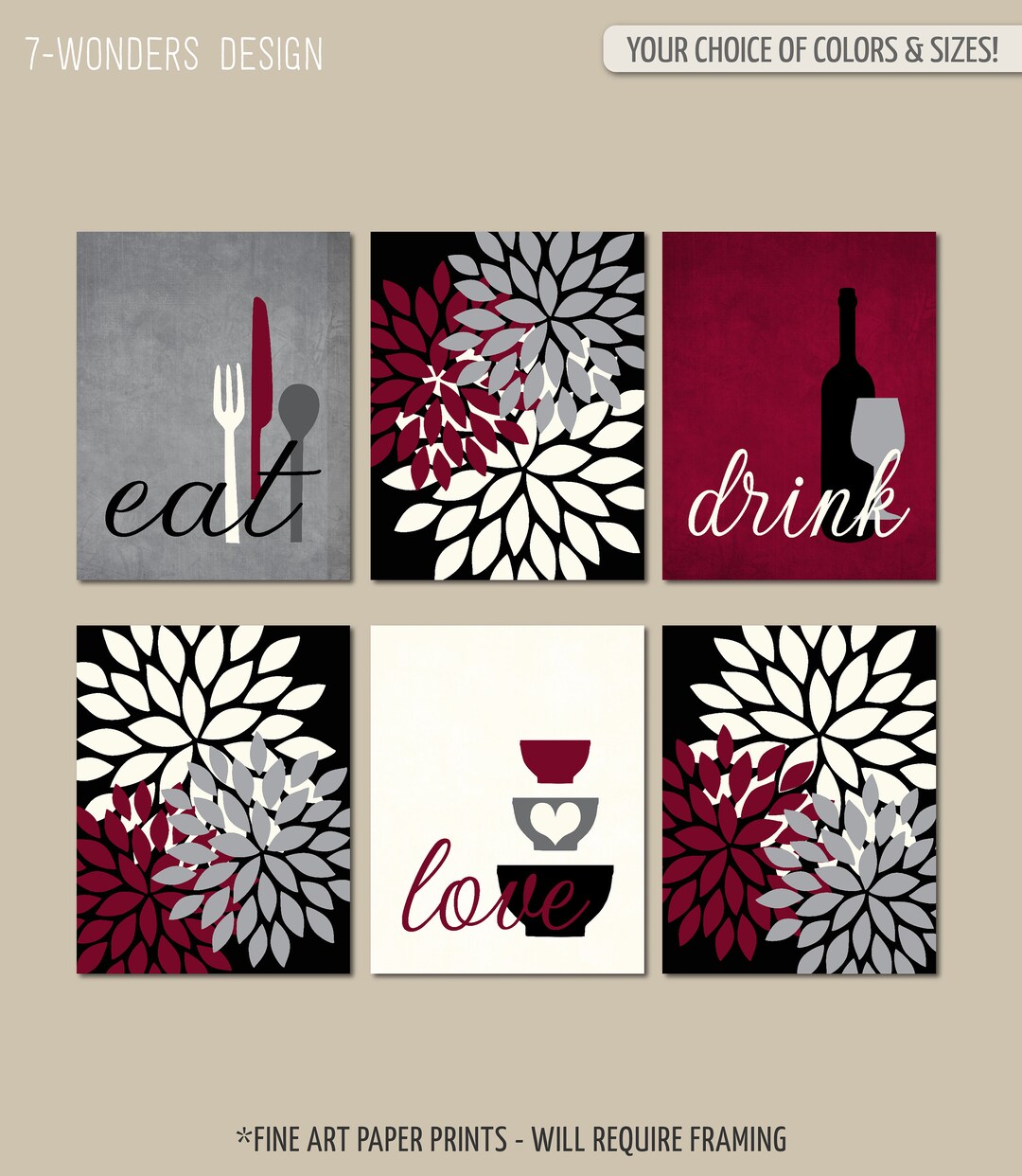 Kitchen Wall Art Print Set, Eat Drink Love, Farmhouse Bursts Grey