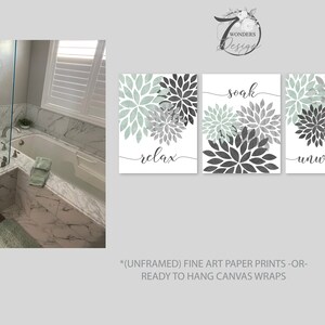 Relax Soak Unwind Distressed Flower Bursts Bathroom Art Charcoal Gray Seafoam Green Modern Bathroom Decor Set of 3 Unframed Prints OR Canvas image 2