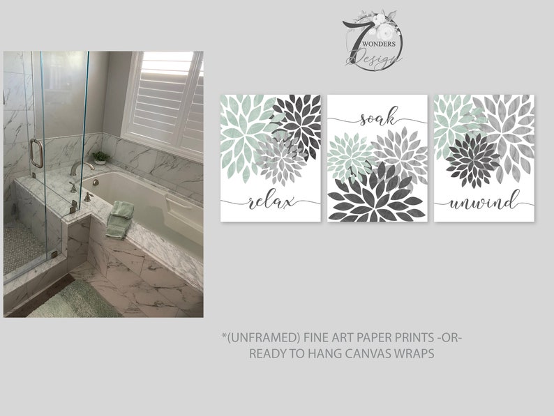 Relax Soak Unwind Distressed Flower Bursts Bathroom Art Charcoal Gray Seafoam Green Modern Bathroom Decor Set of 3 Unframed Prints OR Canvas image 2