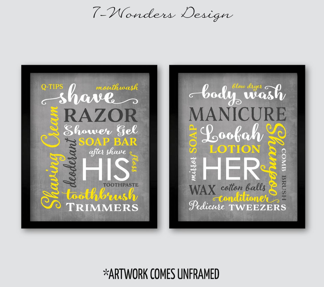 His Her Bathroom Wall Art Prints Gray Yellow White, Modern Home
