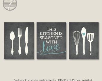 Kitchen Wall Art, This Kitchen is Seasoned with Love, Distressed Charcoal home decor with Utensils - set of 3 UNFRAMED Prints or Canvas