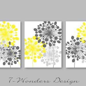 Abstract Floral Dandelion Art Prints Charcoal, Grey Yellow, Modern Flower Home Wall Art Decor, Set of (3) UNFRAMED Paper Prints or Canvas