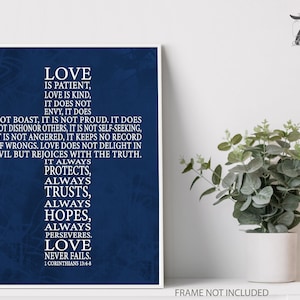 Love is Patient Cross Typography Christian Navy Blue Home Decor Bible Verse Wall Art 1 Corinthians 13:4-8 Scripture UNFRAMED Print OR Canvas