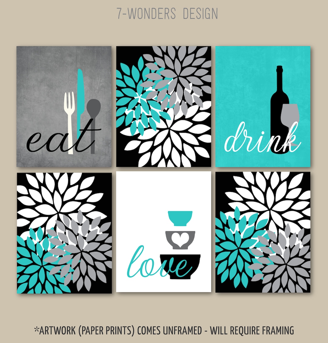 Turquoise Black Gray Kitchen Wall Art Prints Eat Drink Love