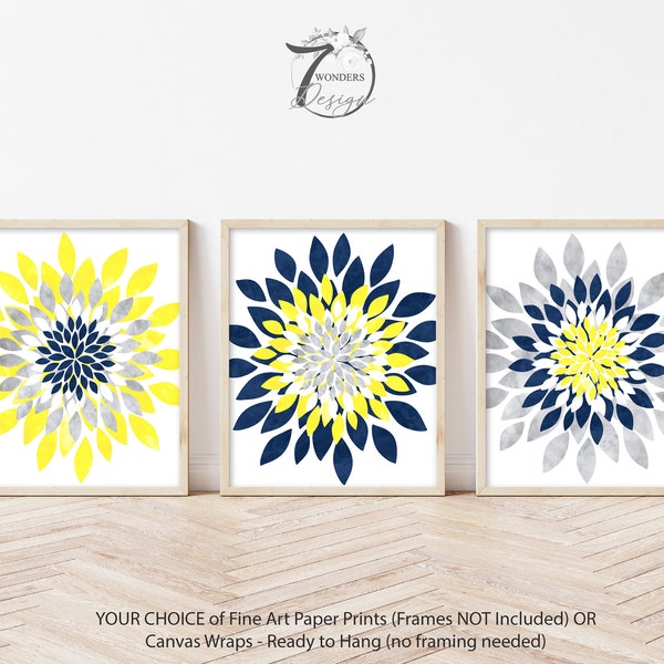 Watercolor Dahlia Flower Bursts Artwork Navy Blue Yellow Grey Farmhouse Fine Art Prints Decor Set of (3) UNFRAMED Paper Prints or Canvas