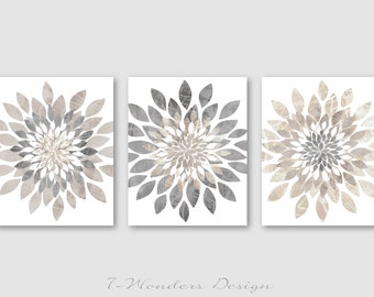 Modern Flower Bursts Neutral Colors Fine Art Print Grey, Tan, Dust, Cottage, Home, Apartment Wall Art Set of (3) Unframed Prints OR Canvas