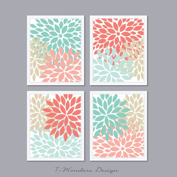 Modern Abstract Flower Bursts Art Prints Pink Coral, Mint, Tan, Grey, Bedroom, Kitchen, Wall Art Set of 4 UNFRAMED Prints or Canvas