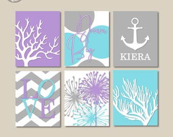 Girls Aqua Lavender Gray Ocean Theme Nursery Bedroom Art Prints, Dream Big Baby Girl Personalized Name Art, Anchor, Set of (6), Unframed