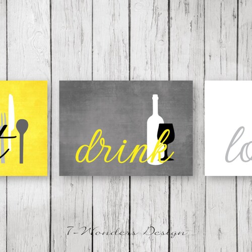 Modern Mustard Gray Kitchen Wall Art Prints Bless the Food Etsy