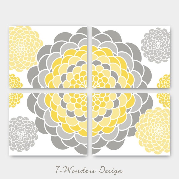 Geometric Mums Botanical Illustration Prints Gris, Amarillo, Marrón, Azul, Teal, Espuma de mar Moderna Home Decor Set de (4) Impresiones Sin Enmarcar o Lienzo