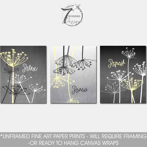 Relax Renew Refresh Abstract Thistle Fennel Flowers Bathroom Art, Soft Yellow Grey Choose Your Colors, Set of (3) Unframed Prints or Canvas