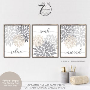 Relax Soak Unwind Distressed Flower Bursts Bathroom Art Prints Neutral Gray Light Grey Khaki Modern Decor Set of 3 UNFRAMED Prints OR Canvas