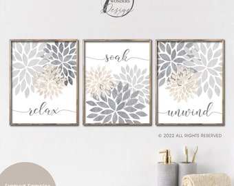 Relax Soak Unwind Distressed Flower Bursts Bathroom Art Prints Neutral Gray Light Grey Khaki Modern Decor Set of 3 UNFRAMED Prints OR Canvas