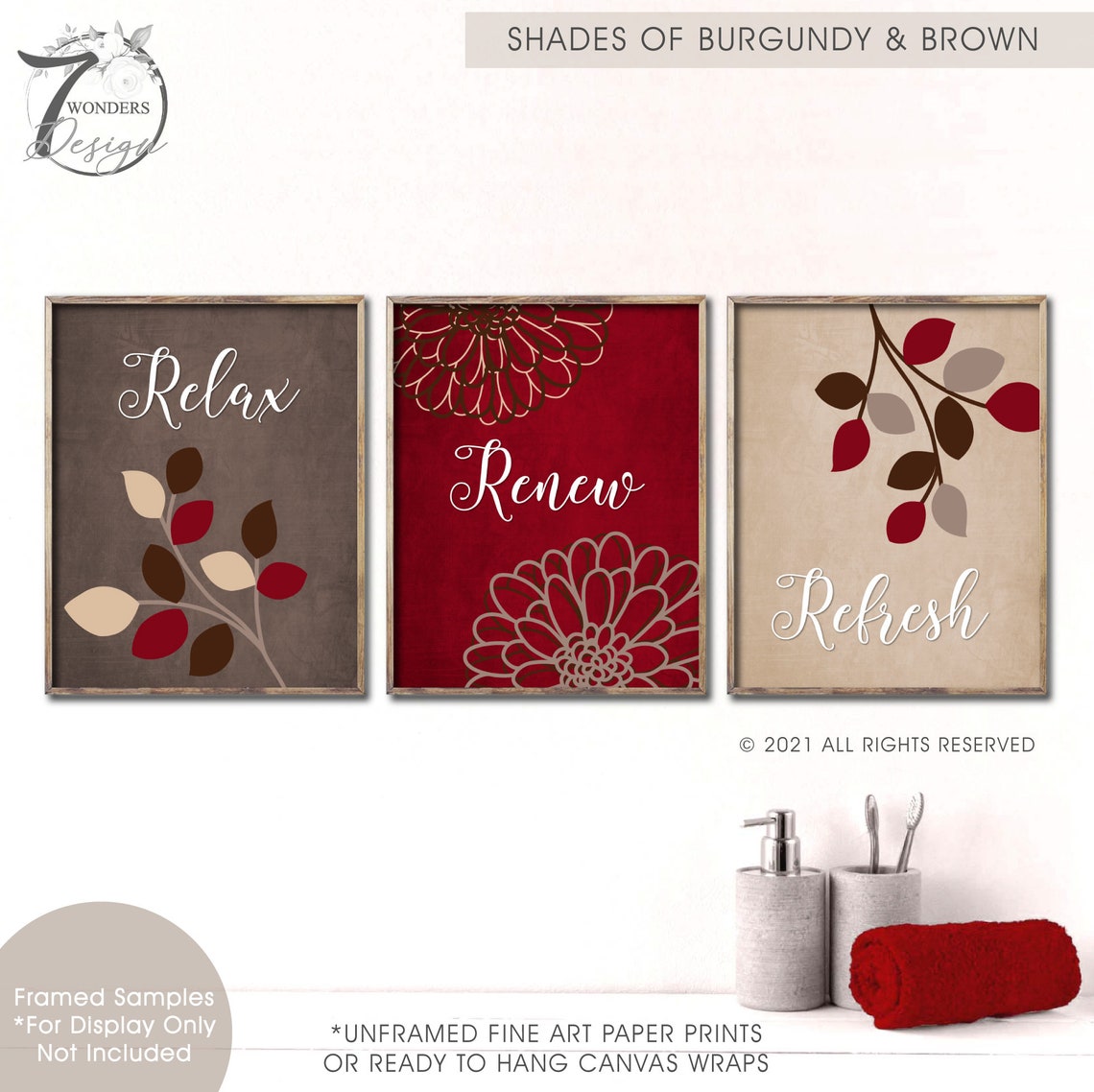 Burgundy Brown Tan BATHROOM Wall Art, Relax Renew Refresh, Flowers ...