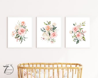 Girls Cottage Farmhouse Watercolor Pink Peach Wall Art Decor Peach Flowers, Baby Nursery Home Bedroom Set of (3) UNFRAMED Prints or Canvas