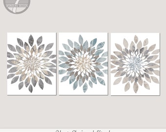 Flower Bursts Fine Art Print Grey, Light Indigo, Beige Farmhouse Cottage, Neutral Wall Art Decor Set of (3) Unframed Paper Prints or Canvas