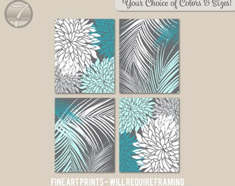 Grey Aqua Mint Teal Abstract Flower Art Prints Dahlia Palm Leaves Bedroom Bathroom Modern Home Decor Set of (4) UNFRAMED Prints or Canvas