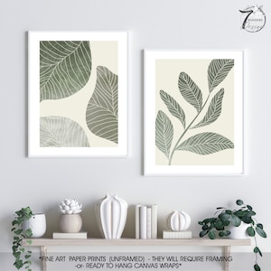 Vintage Foliage Leaves Art Prints Floral Botanical Sage Cream Wall Decor Minimalist Art Set of 2 UNFRAMED Fine Art Prints OR Canvas Wraps