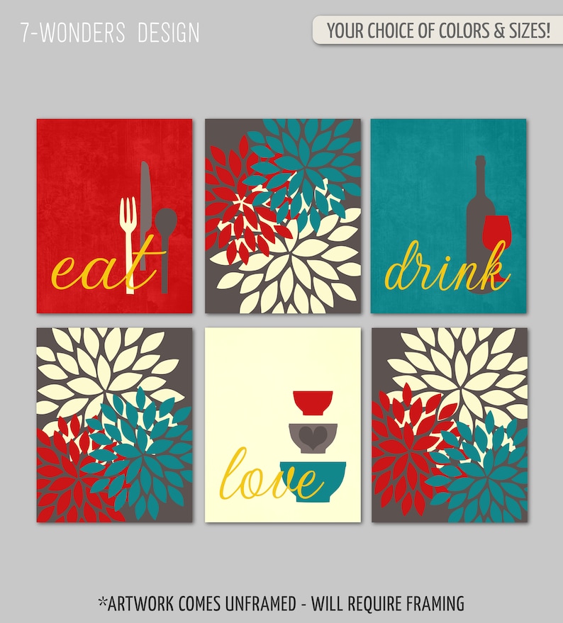Kitchen Wall Art Print Set Eat Drink Love Flower Bursts Teal Etsy