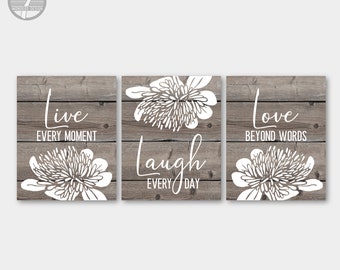 Live Laugh Love Wall Art, Cottage Faux Wood Farmhouse with Floral, Fine Art Print Home Decor Set of (3) Unframed Paper Prints or Canvas