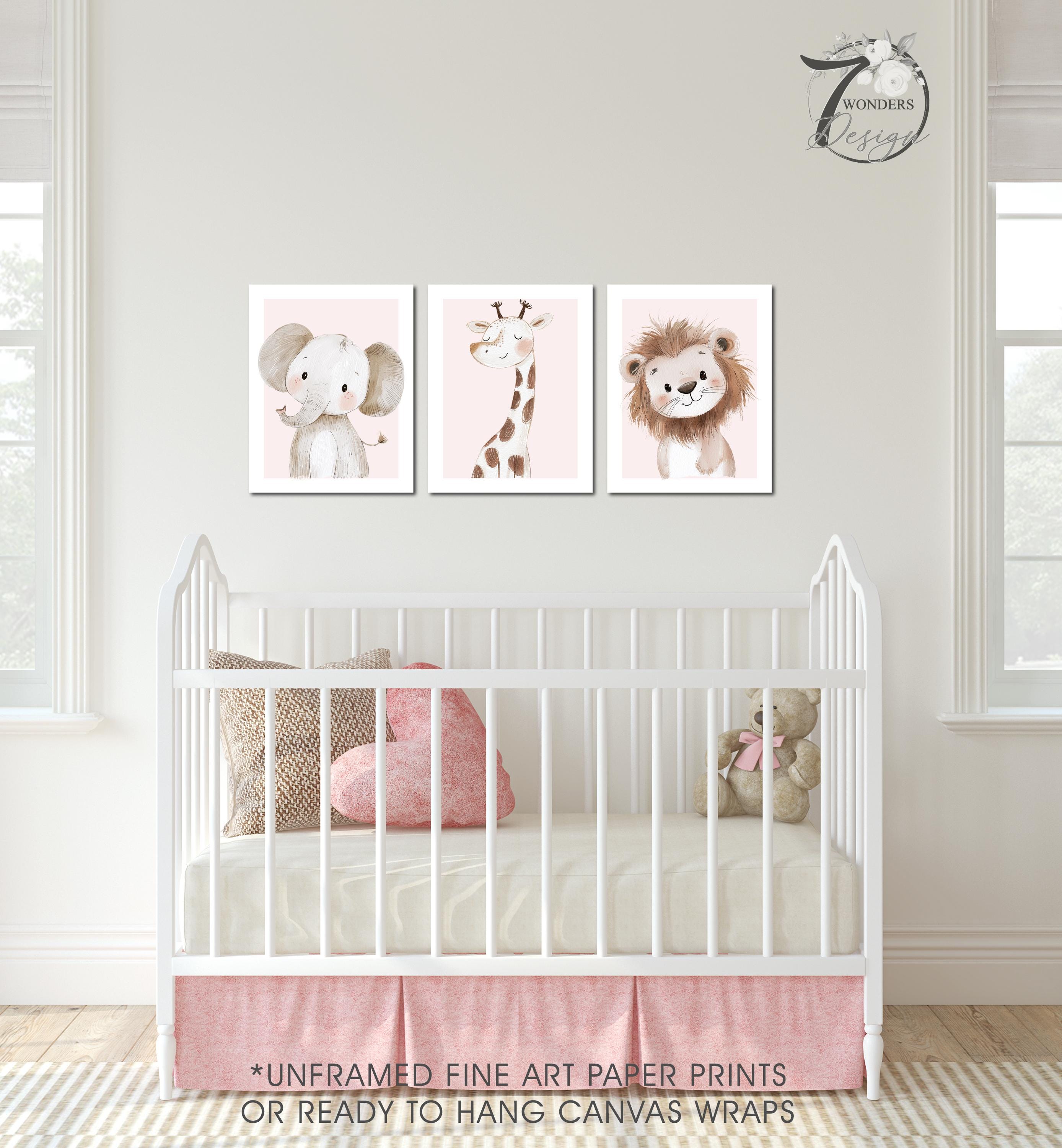 Girls Safari Animals Prints, Blush Pink Baby Nursery Wall Art, Elephant ...