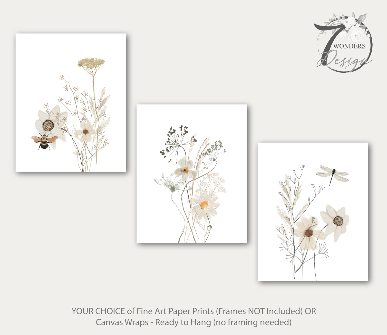 Farmhouse Wildflowers Wall Art Print Set Neutral Watercolor | Etsy