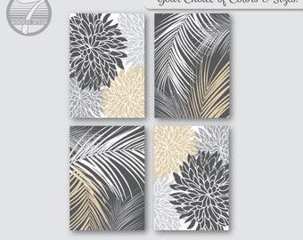 Gray Tan Abstract Flower Art Prints, Dahlia Palm Leaves Art Charcoal Bedroom Bathroom Modern Home Decor Set of (4) Unframed Prints or Canvas