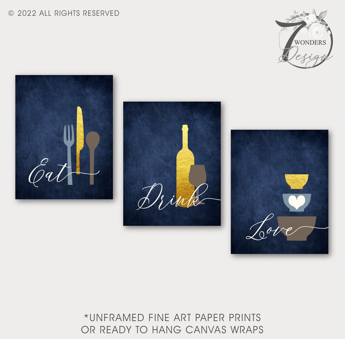 kitchen art personalized prints - utensils, cups,... Kitchen Wall Art Set Eat Drink Love Utensils Wine Bowls Navy Blue Faux ...