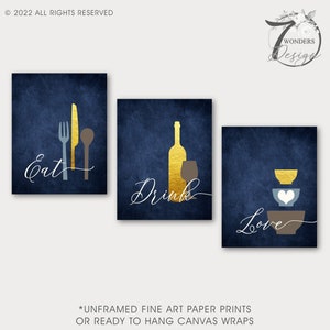 Kitchen Wall Art Set Eat Drink Love Utensils Wine Bowls Navy Blue Faux Gold Dust Set of (3) UNFRAMED Fine Art Paper Prints OR Canvas Wraps