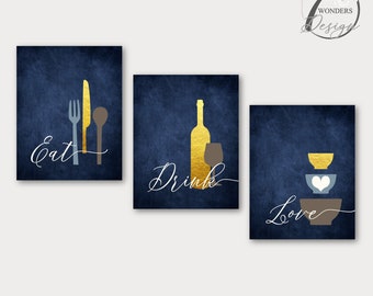 Kitchen Wall Art Set Eat Drink Love Utensils Wine Bowls Navy Blue Faux Gold Dust Set of (3) UNFRAMED Fine Art Paper Prints OR Canvas Wraps