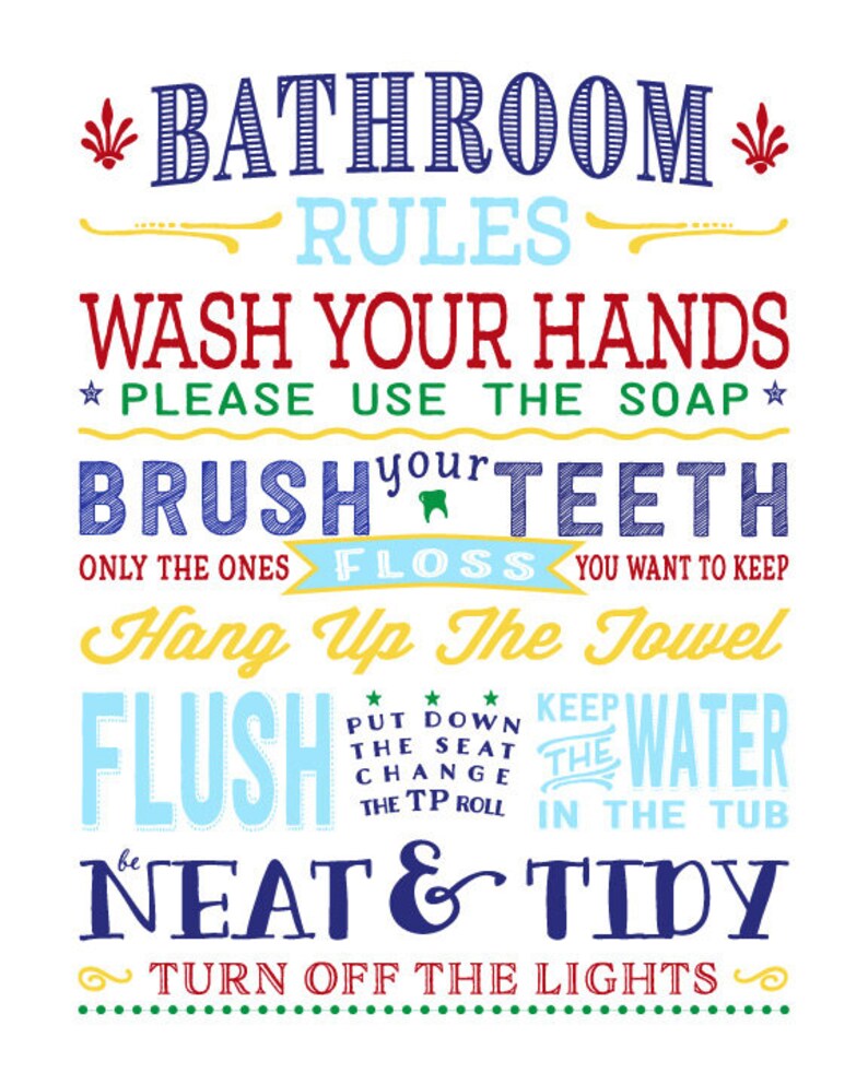 Kids Bathroom Rules Art Print Preteen Bathroom Subway Etsy