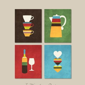 Bold Kitchen Art with Cups, Coffee Pot, Wine Bottle, Hearts, Brown Red Green Blue Modern Wall Art Set of (4) Unframed Prints or Canvas