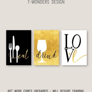 Kitchen Wall Art Print Set, Eat Drink Love Utensils Faux Gold Foil, Black White Home Decor, Set of (3) Unframed Paper Prints or Canvas Wraps