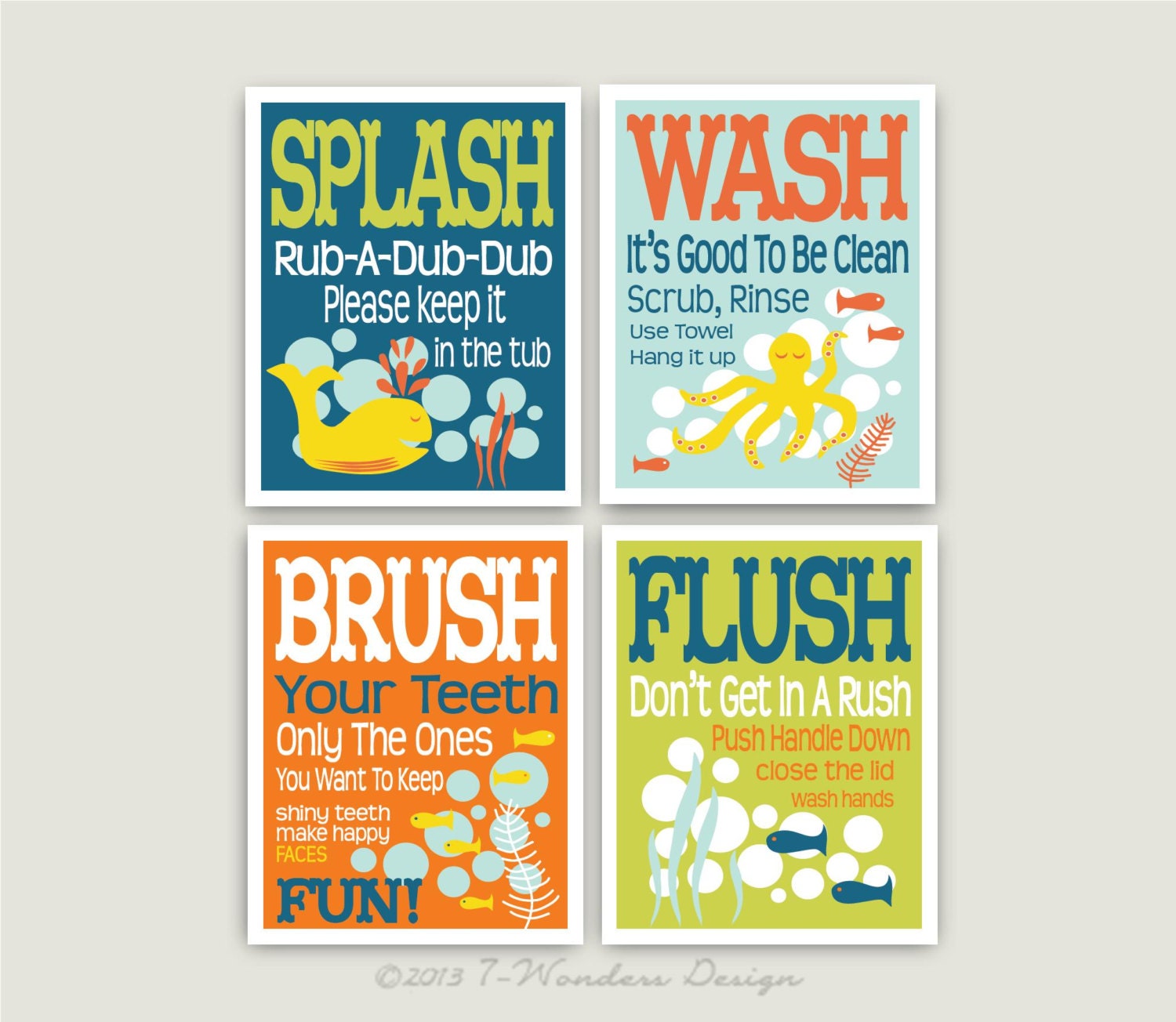 Childrens Kids Bathroom Art Prints Set of (4) Fine Art Home Decor Colors -  Seablue Lime Orange Light Rain - Unframed Prints or Canvas - Etsy, image size:1500x1304