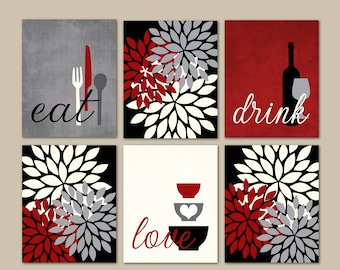 Kitchen Wall Art Print Set Eat Drink Love Flower Bursts Rustic Red Grey Black Cream Modern Decor Set of (6) UNFRAMED Prints or Canvas Wraps