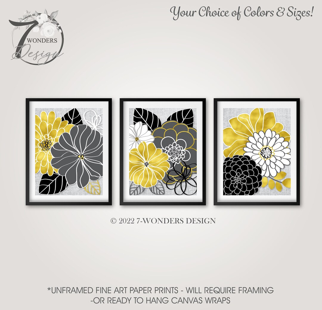 Black Gold Gray Abstract Floral Art Prints Faux Linen Modern Flower
