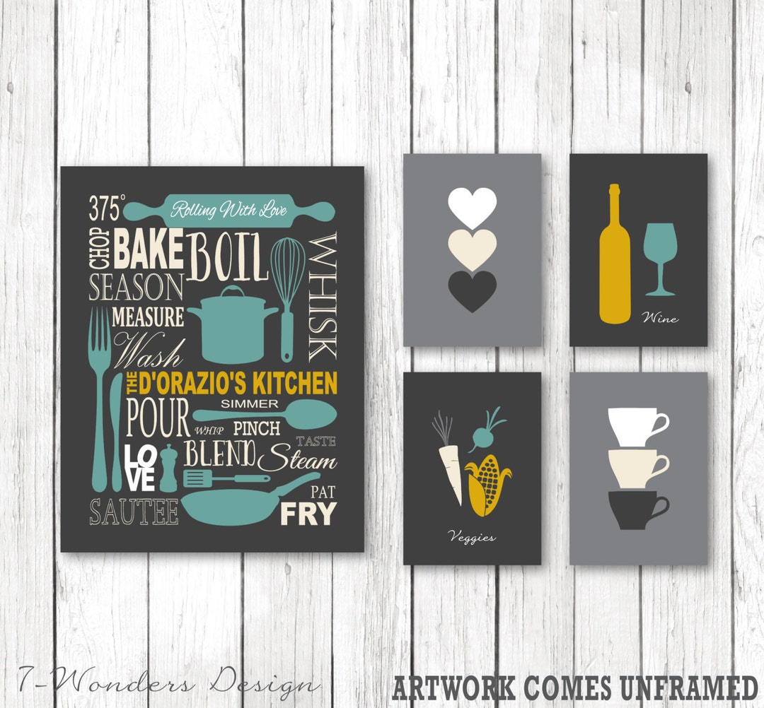 kitchen art personalized prints - utensils, cups,... Personalized Kitchen Art Subway Style With Cups and Hearts Prints Set ...