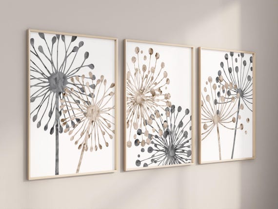Neutral Art, Gray Beige Watercolor Abstract Dandelion Art Prints Modern Home Wall Art Decor, Set of (3) UNFRAMED Paper Prints or Canvas