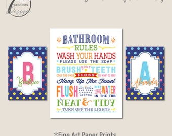 Boy Girl Bathroom Rules Navy Blue Pink Art Print Set of 3, Poka Dots Brush Wash Flush Personalized Names Kids Shower Decor UNFRAMED Prints