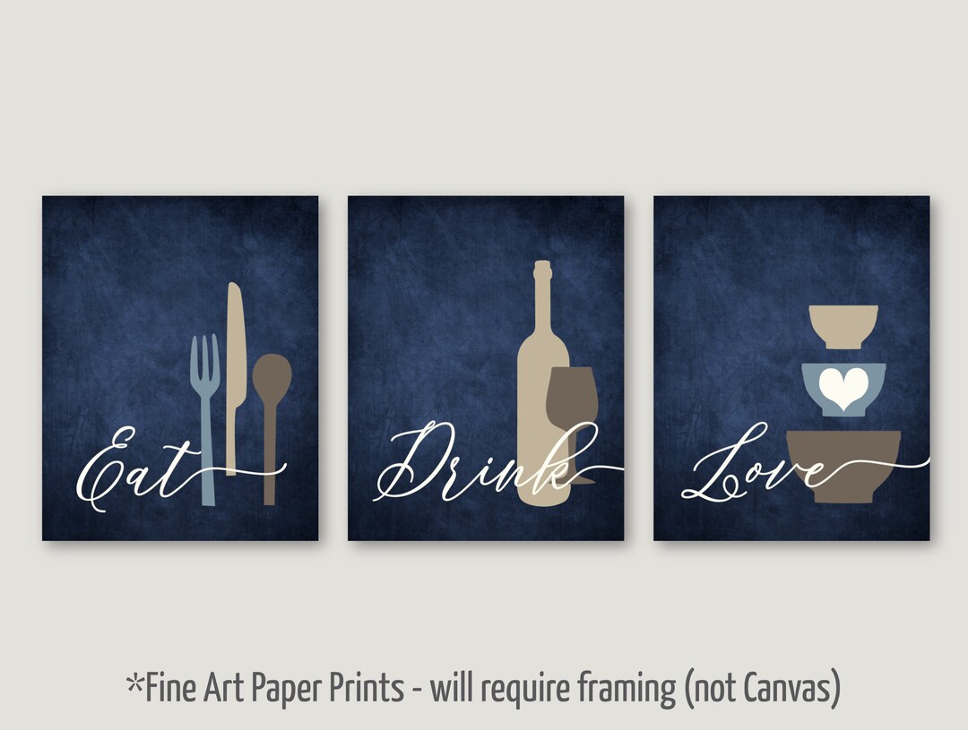 kitchen art personalized prints - utensils, cups,... Kitchen Wall Art Print Set, Eat Drink Love, Utensils Wine Bowls, Navy ...