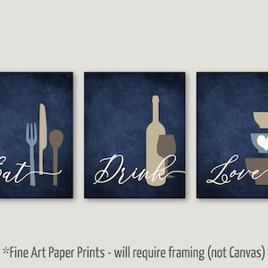 Kitchen Wall Art Print Set, Eat Drink Love, Utensils Wine Bowls, Navy Blue Beige Tan Cream, Set of (3) UNFRAMED Paper Prints or Canvas Wraps