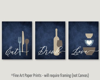 Kitchen Wall Art Print Set, Eat Drink Love, Utensils Wine Bowls, Navy Blue Beige Tan Cream, Set of (3) UNFRAMED Paper Prints or Canvas Wraps