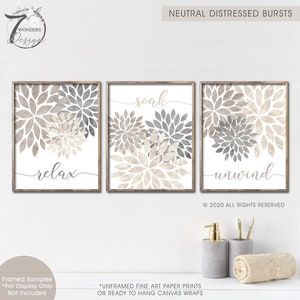 Relax Soak Unwind Distressed Flower Bursts Bathroom Art Prints Neutral Gray Beige Tan Modern Decor Set of 3 Unframed Prints OR Canvas