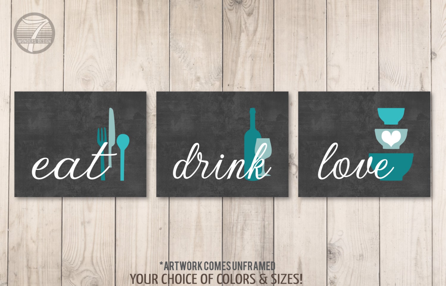 Kitchen Wall Art Print Set Eat Drink Love Charcoal Etsy